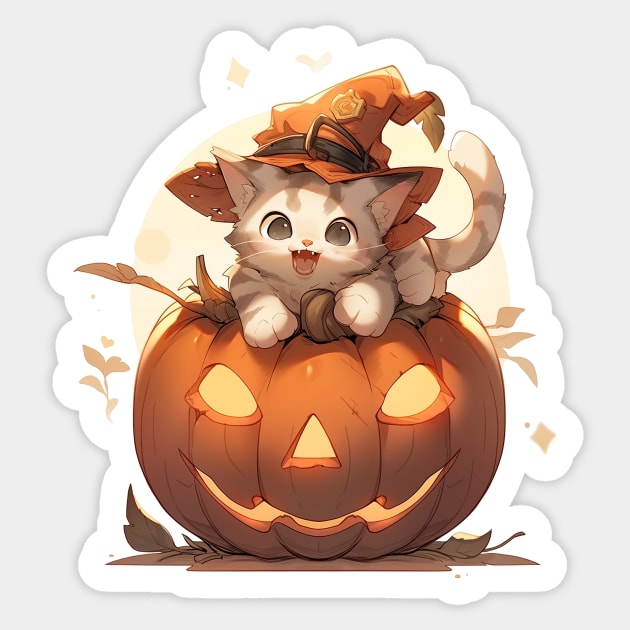 Kawaii cat witch on a halloween pumpkin Sticker by Seraphine